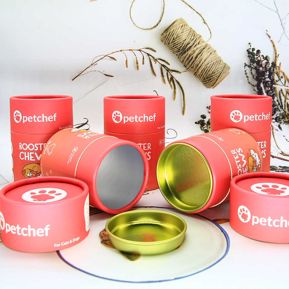 OEM food-grade paperboard pet packaging tube with metal lid